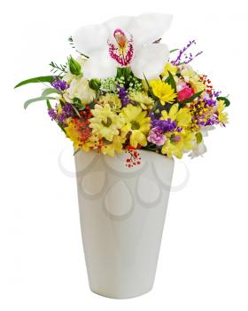 Colorful flower bouquet in vase isolated on white background. Closeup.