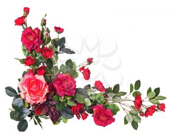 Bouquet from artificial red roses isolated on white background. Closeup.