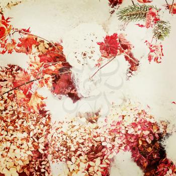 Bouquet from hydrangea, autumn leaves and snow with retro filter effect.