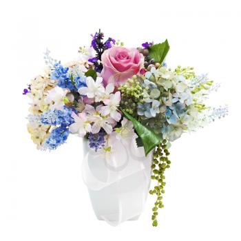 Bouquet from artificial flowers arrangement centerpiece in vase isolated on white background.