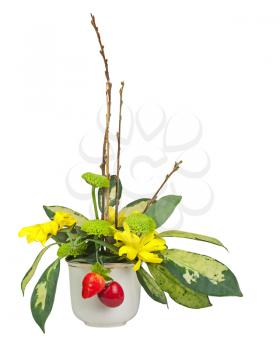 Bouquet from flowers, berries and pussy willows branches in vase isolated on white background.
