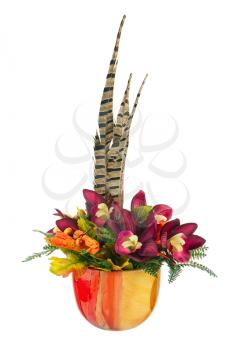 Bouquet from artificial orchid flowers and feathers of pheasant in vase isolated on white background.