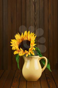 Still life with sunflower in vase on wooden background. Closeup.