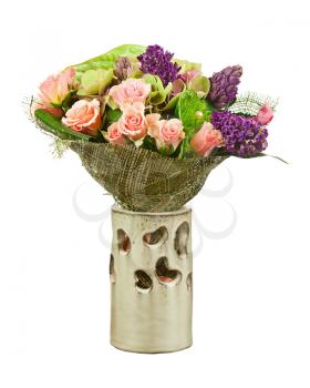 Bouquet from Flowers Arrangement Centerpiece in Vase Isolated on White Background. Closeup.