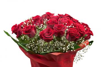 Flower bouquet from red roses isolated on white background. Closeup.