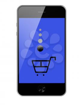 Mobile Smart Phone with Shopping Trolley Isolated on White Background. Highly Detailed Illustration.