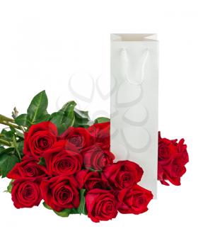 Gift Box and Bouquet from Roses Flowers Isolated on White Background.