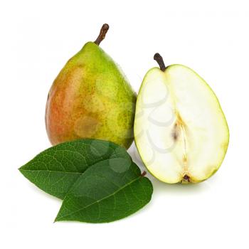Pear and Half with Green Leaves Isolated on White Background. Closeup.