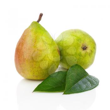 Pears and Green Leaves Isolated on White Background. Closeup.