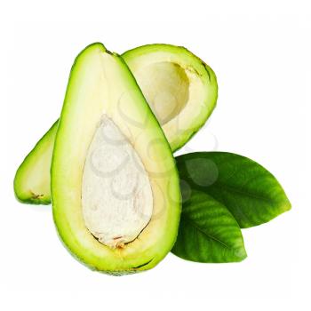 Ripe Green Avocado with Leaves Isolated on White Background. Closeup.