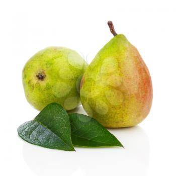 Pears and Green Leaves Isolated on White Background. Closeup.