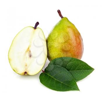 Pear and Half with Green Leaves Isolated on White Background. Closeup.