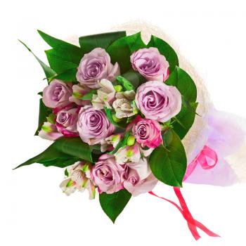 Bouquet from roses, lilies and orchids isolated on white background. Closeup.