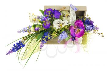 Bouquet from artificial flowers arrangement centerpiece in wooden gift box isolated on white background.