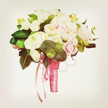 Beautiful wedding bouquet from white and pink roses with retro filter effect. Closeup.