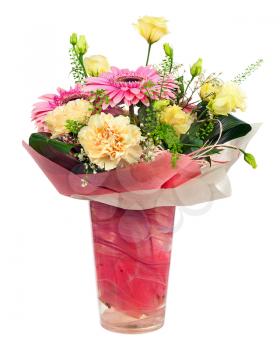 Bouquet of gerbera, carnations and other flowers in red  package isolated on white background.