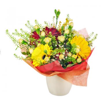 Bouquet of gerbera, carnations and other flowers in vase isolated on white background.