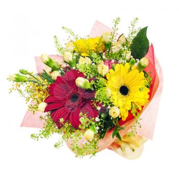 Beautiful bouquet of gerbera, carnations and other flowers in red  package isolated on white background.