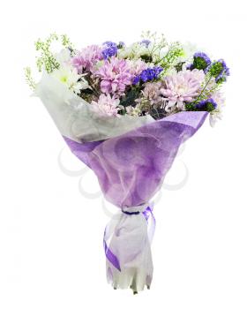 Beautiful bouquet of gerbera, carnations and other flowers in blue package isolated on white background.