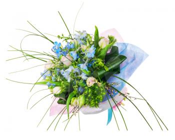 Flower bouquet from pink roses, iris and other flowers arrangement centerpiece isolated on white background.