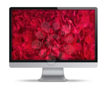 Computer display with bouquet of red carnation flowers on screen. Front view. Isolated on white background. Highly detailed illustration.