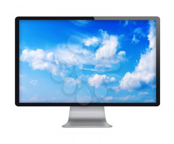 Computer display with blue sky and beautiful clouds on screen. Front view. Isolated on white background. Highly detailed illustration.