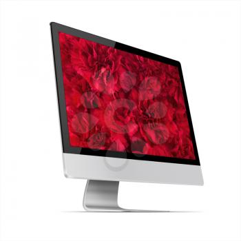 Modern flat screen computer monitor with bouquet of red carnation flowers on screen  isolated on white background. Highly detailed illustration.