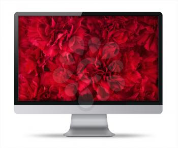 Modern flat screen computer monitor with bouquet of red carnation flowers on screen  isolated on white background. Highly detailed illustration.