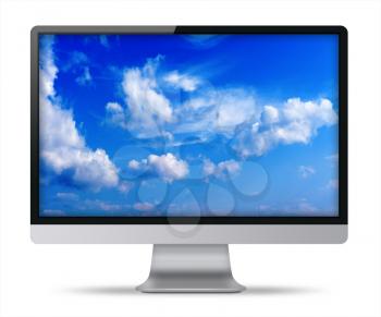 Modern flat screen computer monitor with with blue sky and beautiful clouds on screen isolated on white background. Highly detailed illustration.