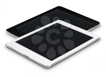 Realistic tablet computers with black screens isolated on white background. Highly detailed illustration.
