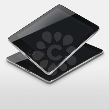 Tablet computers with black screens on gray background. Highly detailed illustration.