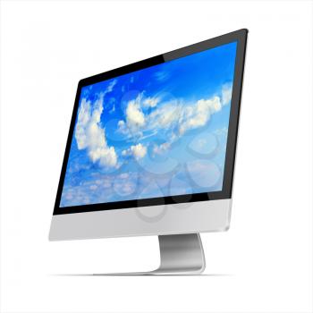 Modern flat screen computer monitor with with blue sky and beautiful clouds on screen isolated on white background. Highly detailed illustration.