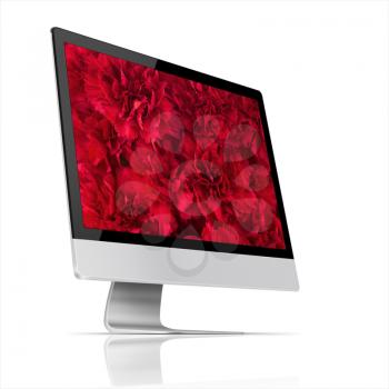 Modern flat screen computer monitor with bouquet of red carnation flowers on screen and reflection isolated on white background. Highly detailed illustration.