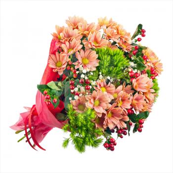 Bouquet of gerbera, carnations and other flowers isolated on white background.
