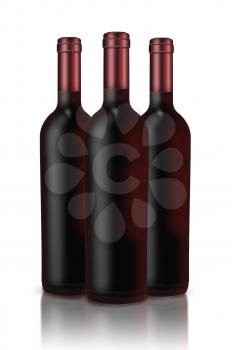 Bottles of wine with reflection and shadows  isolated on white background. Highly detailed illustration.
