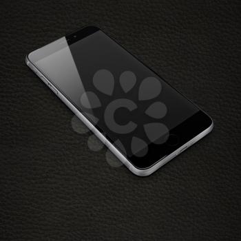 Realistic mobile phone with black screen and shadows on leather
background. Highly detailed illustration.
