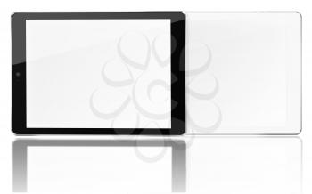 Tablet computers with blank screen and reflection isolated on white background. Highly detailed illustration.
