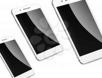 Mobile smart phones with black screens isolated on white background. Highly detailed illustration. 