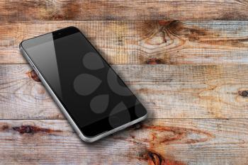 Realistic mobile phone with black screen and shadows on wooden background. Highly detailed illustration.