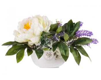 Beautiful bouquet of peony flower and other flowers in vase isolated on white background. 
