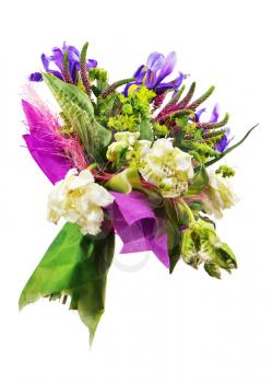 Beautiful bouquet of tulips, iris, veronica and other flowers isolated on white background. 