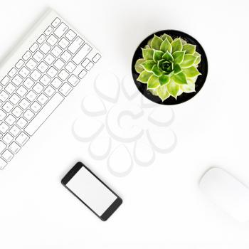White office desk table with wireless aluminum keyboard, smart phone with blank screen, mouse and succulent flower in pot. Top view with copy space. Flat lay. 
