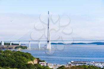 Longest cable-stayed bridge in the world in the Russian Vladivostok over the Eastern Bosphorus strait to the Russky Island. 