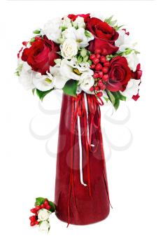 Colorful flower bouquet arrangement centerpiece in red vase isolated on white background.