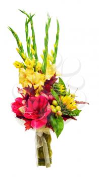 Colorful bouquet of amaryllis, gladioli, sunflowers, fruits and other flowers arrangement centerpiece isolated on white background.