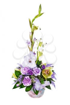Colorful flower bouquet from gladioluses flowers arrangement centerpiece in vase isolated on white background.