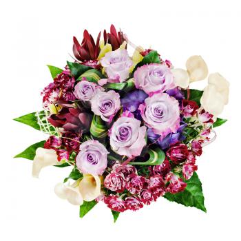 Colorful floral bouquet of roses, lilies and orchids isolated on white background.