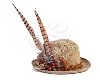 Hunting hat with pheasant feathers isolated on white background.