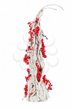 Abstract Christmas Tree decorated with clusters of mountain ash and birds isolated on white background.