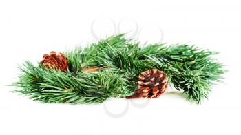 Wreath of fir branches isolated on white background. Selective focus.